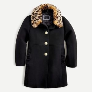 Girls' ruffle-pocket wool coat PrimaLoft 14 peacoat Leopard faux fur collar NWT